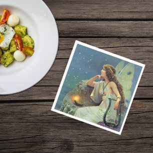 Vintage Pretty Fairy Fae Harp Candle Ocean Napkin