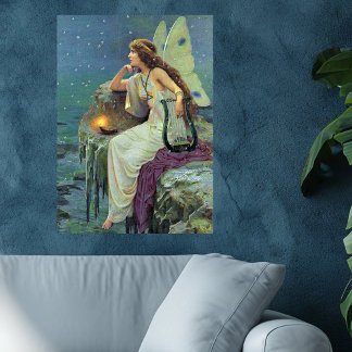 Vintage Pretty Fairy Fae Harp Candle Ocean Poster