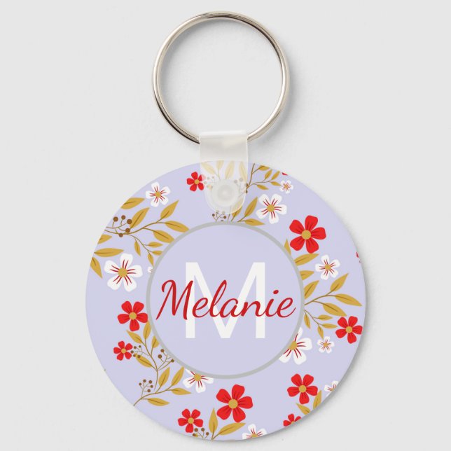 Vintage Pretty Red Flowers Pattern Personalised Keychain (Front)