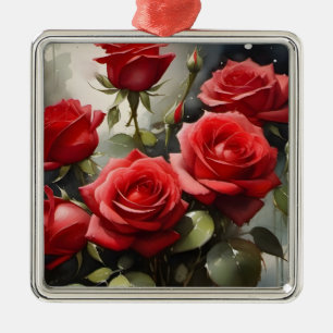 Vintage pretty red Roses watercolor painting  Metal Ornament