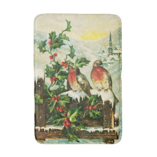 Vintage pretty snowy Holly and birds Bath Mat