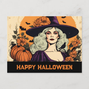Vintage Pretty Woman Witch Flower Happy Halloween  Postcard