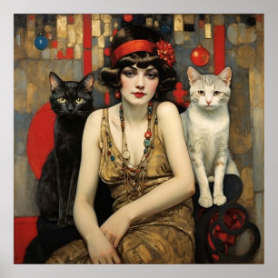 Vintage Pretty Woman With Black & White Cats Poster