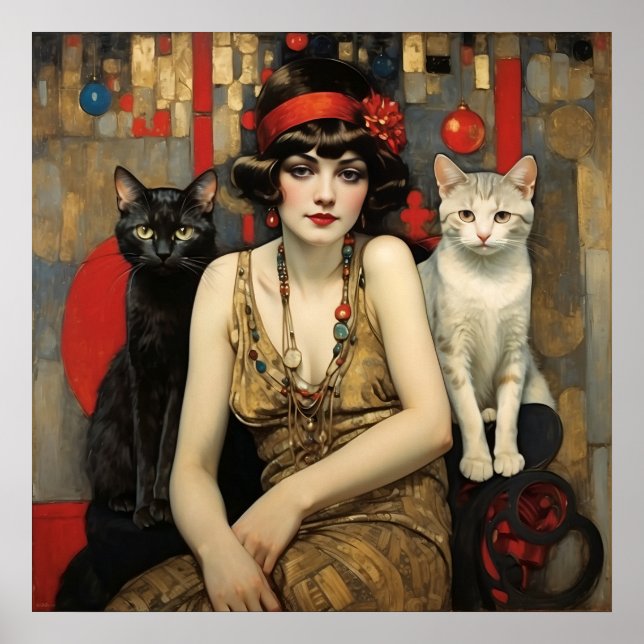 Vintage Pretty Woman With Black & White Cats Poster (Front)