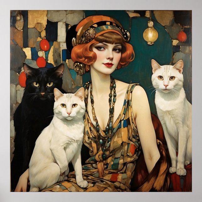 Vintage Pretty Woman With Black & White Cats Poster (Front)