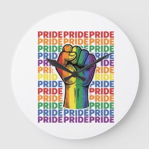 Vintage Pride Raised Fist Rainbow Shirt Design_1 Large Clock