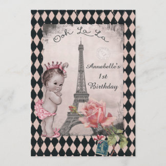 Vintage Princess Eiffel Tower Baby 1st Birthday Invitation