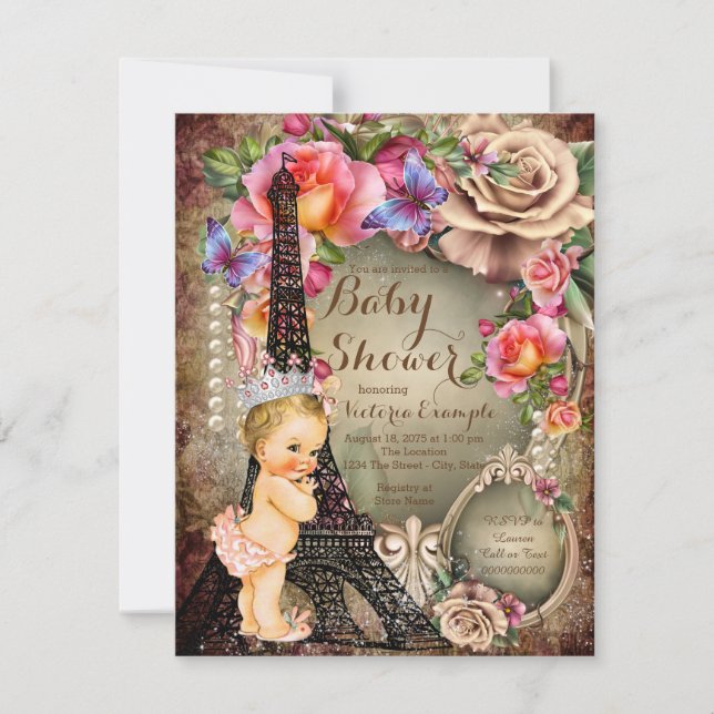 Vintage Princess Eiffel Tower Paris Baby Shower Invitation (Front)