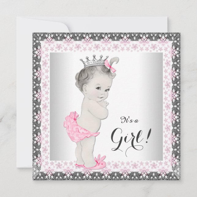 Vintage Princess Pink and Grey Baby Shower Invitation (Front)