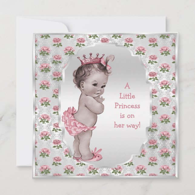 Vintage Princess Pink Roses Silver Baby Shower Invitation (Front)