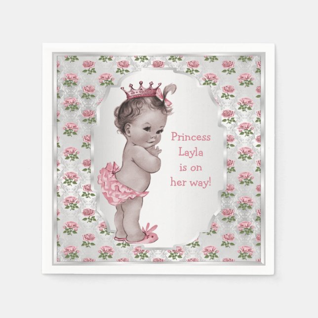 Vintage Princess Pink Roses Silver Baby Shower Napkin (Front)