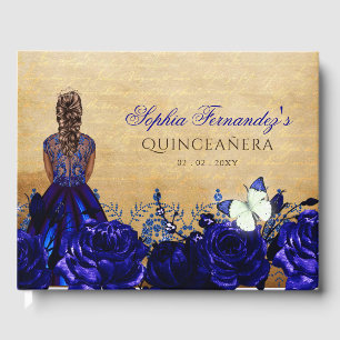 Vintage Princess Royal Blue Butterfly Quinceañera  Guest Book