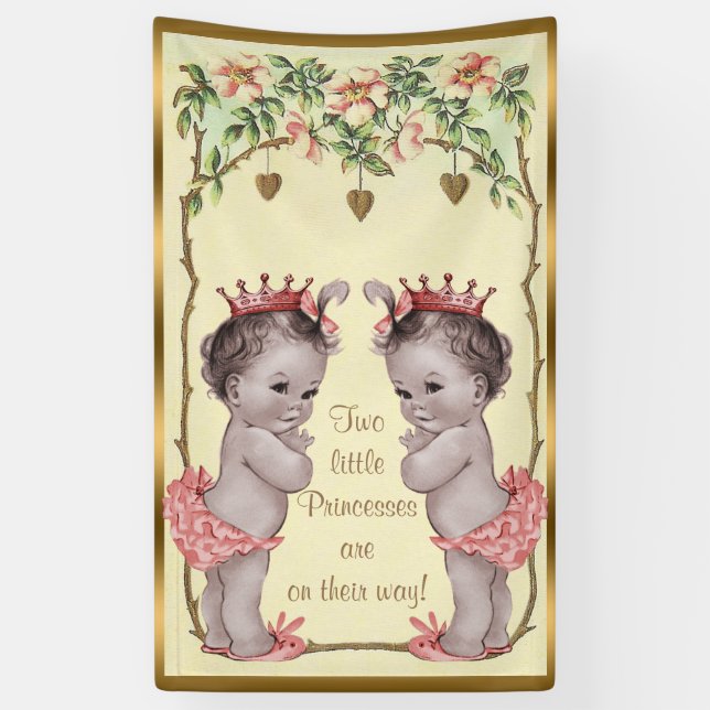 Vintage Princess Twins Roses and Hearts Banner (Vertical)