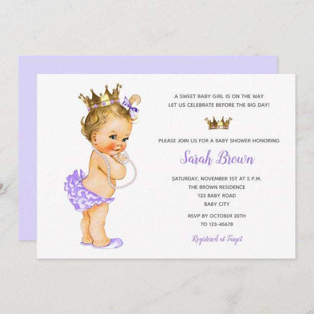 Vintage Princesse Invitations Blonde Bébé Violet (Devant / Derrière)