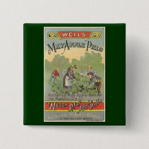 Vintage Product Label Art, Wells May Apple Pills 2 Inch Square Button