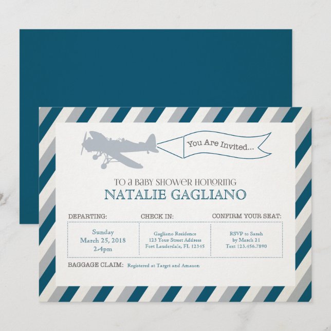 Vintage Propeller Airplane Baby Shower Invitation (Front/Back)