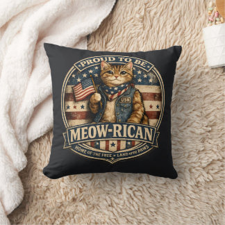 Vintage Proud to be Meow-rican American Flag Cat  Throw Pillow