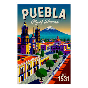 Vintage Puebla Mexico City of Talavera Retro Poster