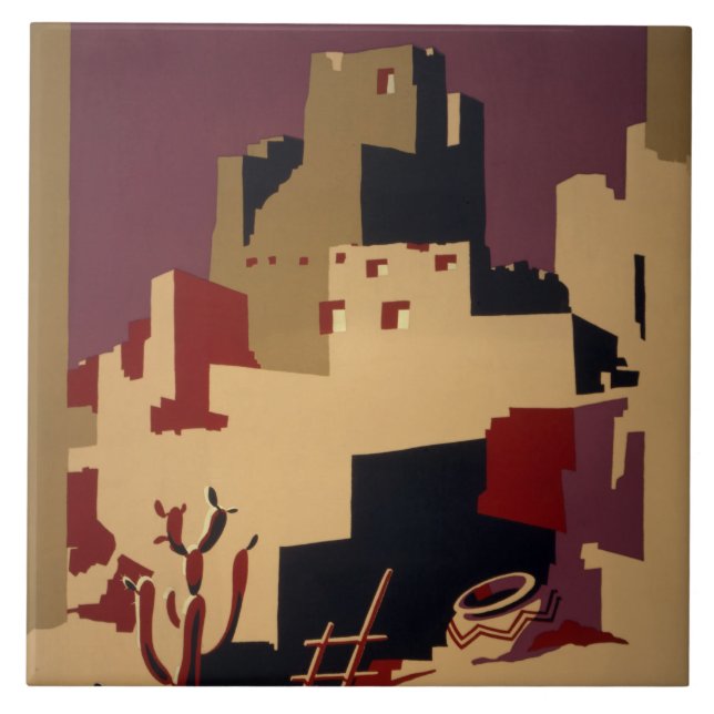 Vintage Pueblo WPA National Parks Travel Poster Tile (Front)