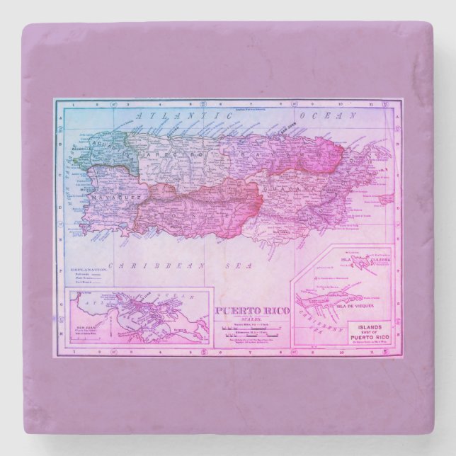 Vintage Puerto Rico Map, 1898 Stone Coaster (Front)