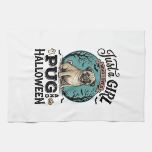 Vintage Pug Halloween Girl Dog Lover Shirt Design_ Kitchen Towel