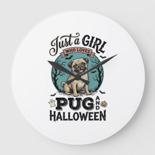 Vintage Pug Halloween Girl Dog Lover Shirt Design_ Large Clock
