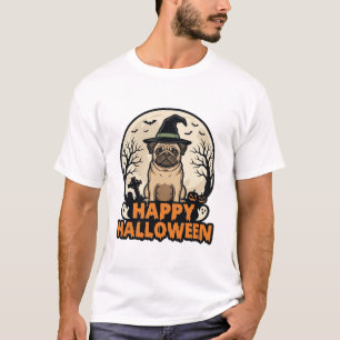 Vintage Pug Happy Halloween Witch Hat Shirt Design