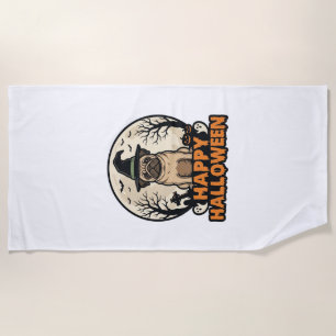 Vintage Pug Happy Halloween Witch Hat Shirt Design Beach Towel