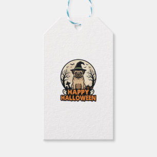 Vintage Pug Happy Halloween Witch Hat Shirt Design Gift Tags
