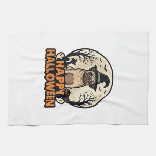 Vintage Pug Happy Halloween Witch Hat Shirt Design Kitchen Towel