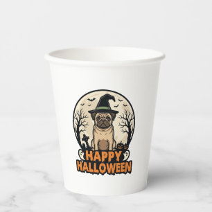 Vintage Pug Happy Halloween Witch Hat Shirt Design Paper Cups