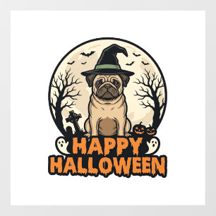 Vintage Pug Happy Halloween Witch Hat Shirt Design Window Cling