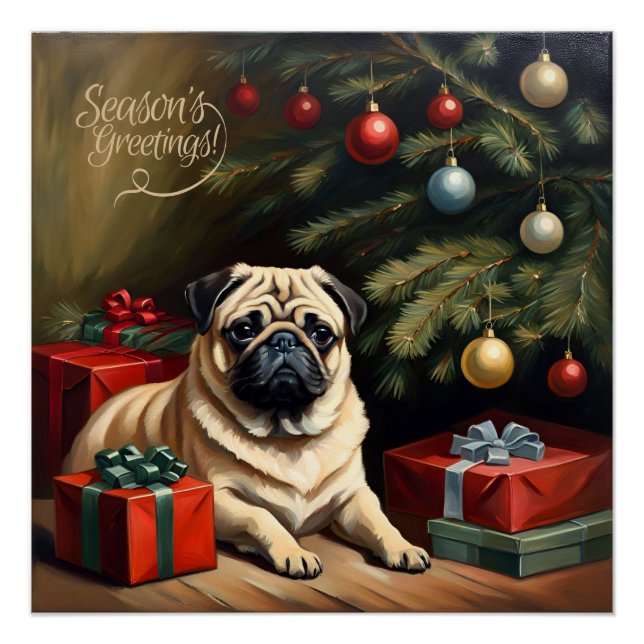 Vintage Pug Puppy by the Christmas Tree  Poster (Front)