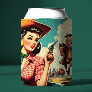 Vintage Pulp Cowgirl Illustration Can Cooler