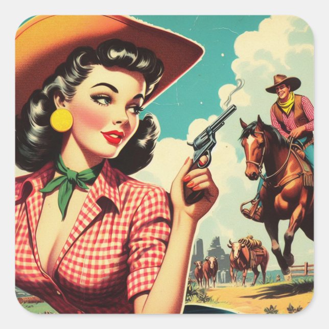 Vintage Pulp Cowgirl Illustration Square Sticker (Front)