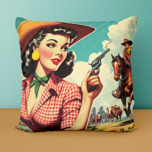 Vintage Pulp Cowgirl Illustration Throw Pillow