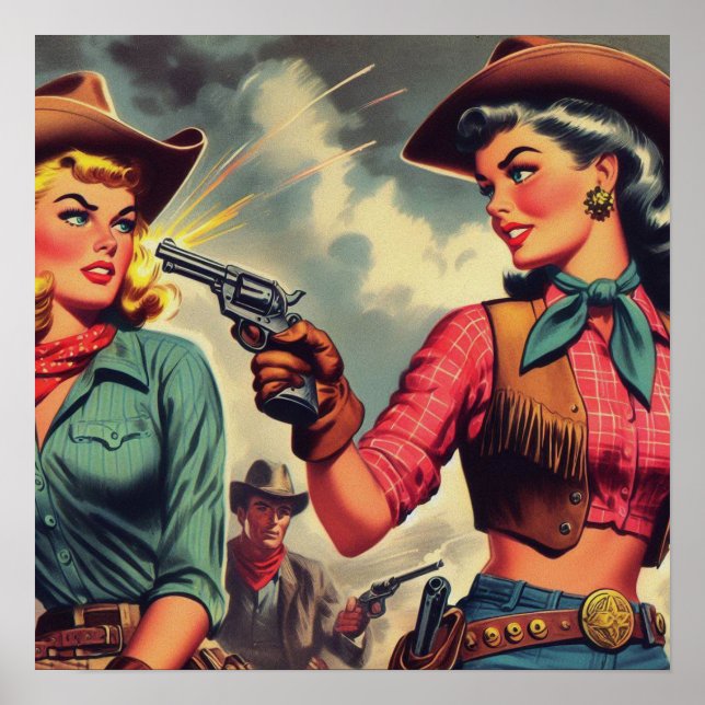 Vintage Pulp Cowgirls Illustration Poster (Front)