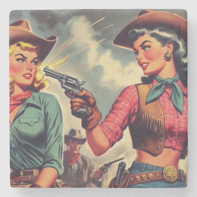Vintage Pulp Cowgirls Illustration Stone Coaster (Front)