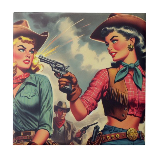 Vintage Pulp Cowgirls Illustration Tile (Front)