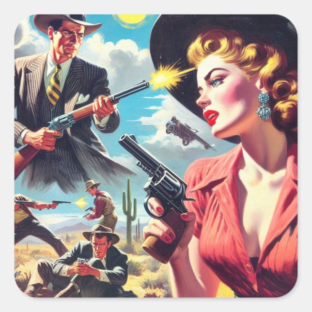 Vintage Pulp Western Illustration Square Sticker (Front)