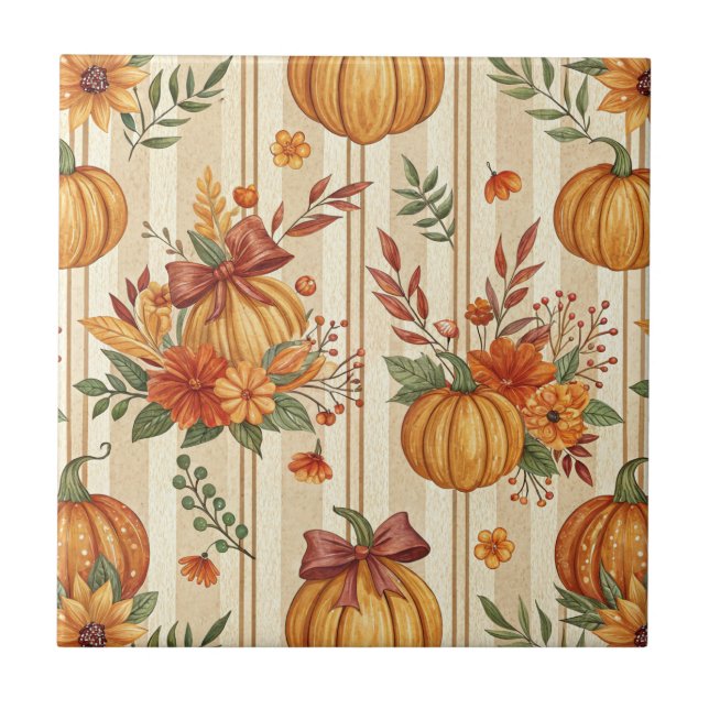 Vintage Pumpkin and Bow Autumn Pattern (4) Tile (Front)