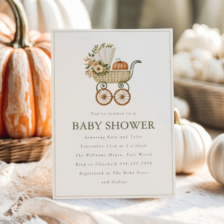 Vintage Pumpkin and Stroller Fall Baby Shower Invitation