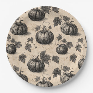 Vintage Pumpkin and Vine Engraving Pattern (2) Paper Plate