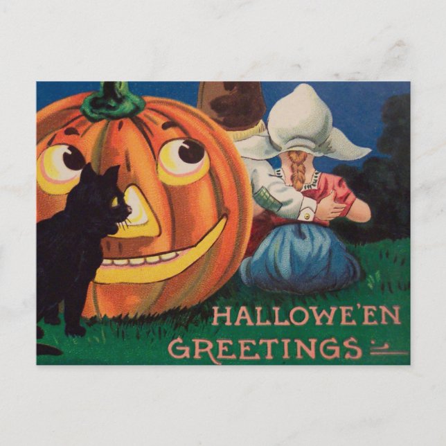 Vintage pumpkin black cat kids Halloween postcard (Front)