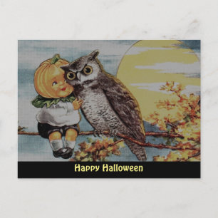 Vintage Pumpkin Boy  and Owl on Halloween Postcard