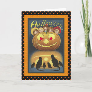 Vintage Pumpkin Head and Black Cats Halloween Card