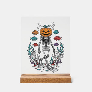 Vintage Pumpkin Skeleton Diver Halloween Fish Desi Acrylic Sign