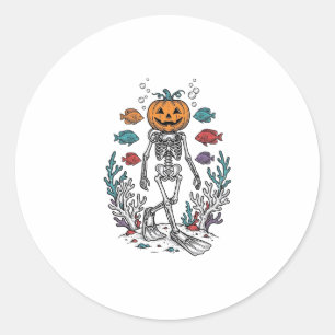 Vintage Pumpkin Skeleton Diver Halloween Fish Desi Classic Round Sticker
