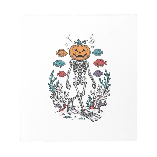 Vintage Pumpkin Skeleton Diver Halloween Fish Desi Notepad (Front)