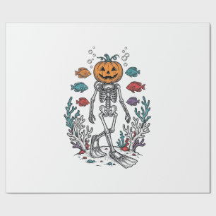 Vintage Pumpkin Skeleton Diver Halloween Fish Desi Wrapping Paper